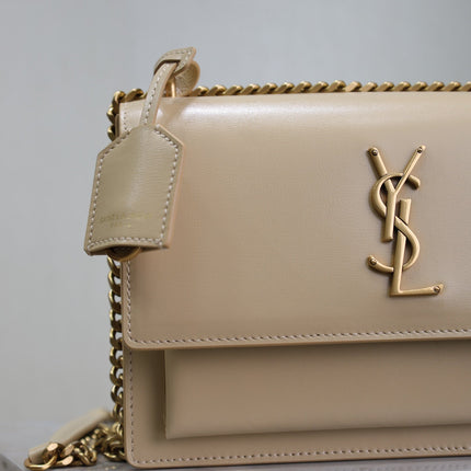 YSL 25S SUNSET BAG 22 IN NUDE CALFSKIN GOLD HARDWRE