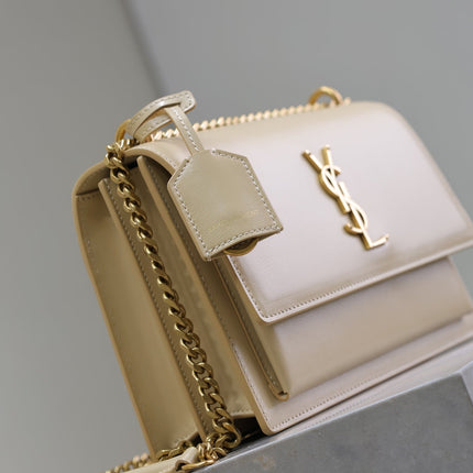 YSL 25S SUNSET BAG 22 IN NUDE CALFSKIN GOLD HARDWRE