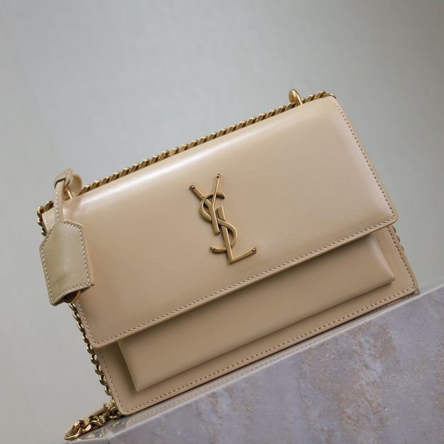 YSL 25S SUNSET BAG 22 IN NUDE CALFSKIN GOLD HARDWRE