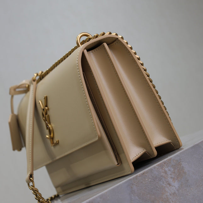 YSL 25S SUNSET BAG 22 IN NUDE CALFSKIN GOLD HARDWRE