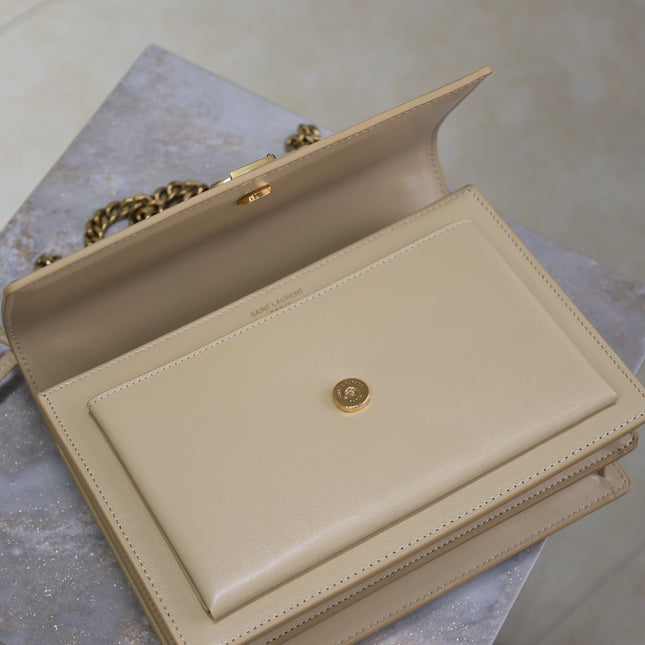 YSL 25S SUNSET BAG 22 IN NUDE CALFSKIN GOLD HARDWRE