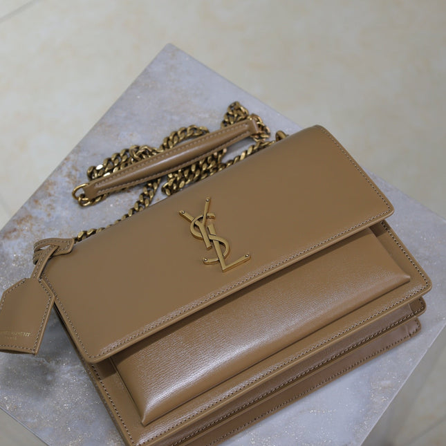 YSL 25S SUNSET BAG 22 IN BROWN CALFSKIN GOLD HARDWRE