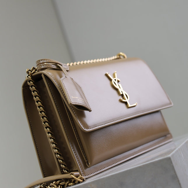 YSL 25S SUNSET BAG 22 IN BROWN CALFSKIN GOLD HARDWRE