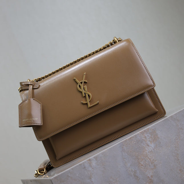YSL 25S SUNSET BAG 22 IN BROWN CALFSKIN GOLD HARDWRE