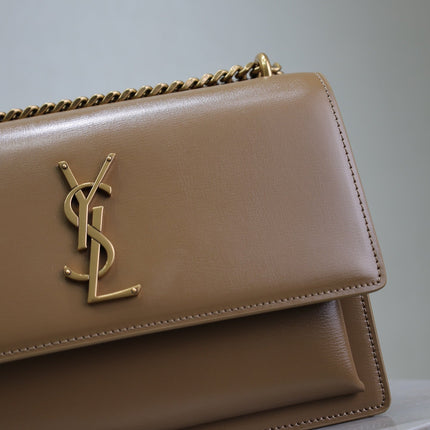 YSL 25S SUNSET BAG 22 IN BROWN CALFSKIN GOLD HARDWRE