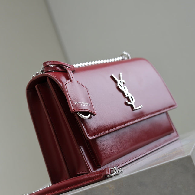 YSL 25S SUNSET BAG 22 IN CRIMSON RED CALFSKIN SILVER HARDWRE