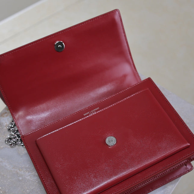 YSL 25S SUNSET BAG 22 IN CRIMSON RED CALFSKIN SILVER HARDWRE