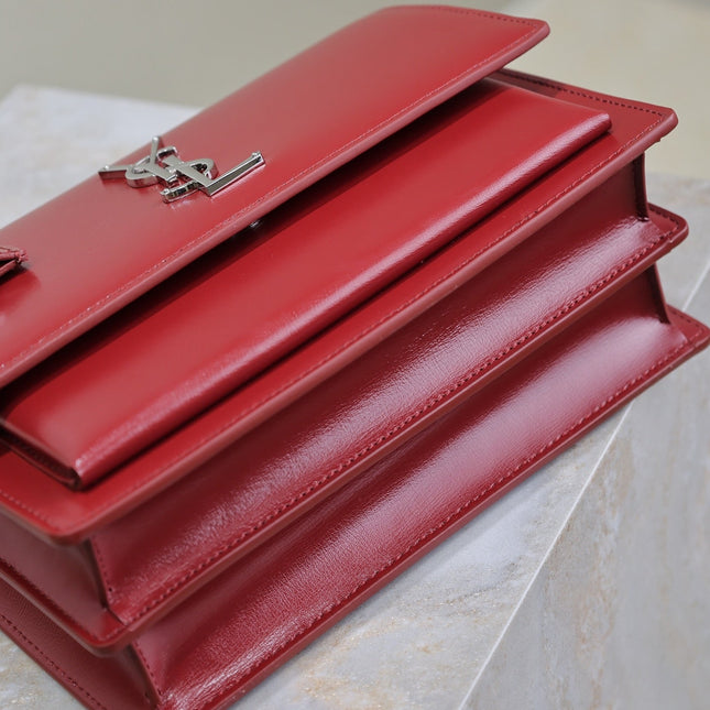 YSL 25S SUNSET BAG 22 IN CRIMSON RED CALFSKIN SILVER HARDWRE