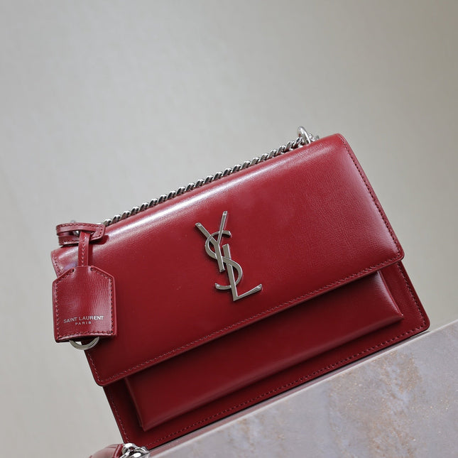 YSL 25S SUNSET BAG 22 IN CRIMSON RED CALFSKIN SILVER HARDWRE