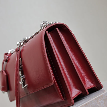 YSL 25S SUNSET BAG 22 IN CRIMSON RED CALFSKIN SILVER HARDWRE