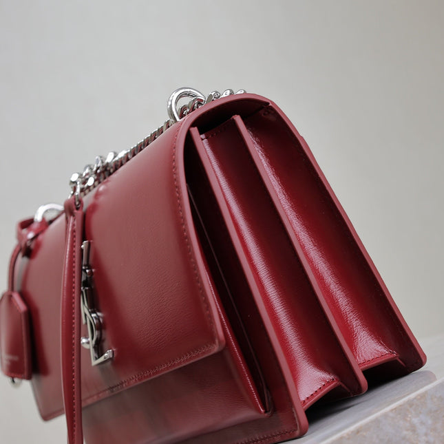 YSL 25S SUNSET BAG 22 IN CRIMSON RED CALFSKIN SILVER HARDWRE