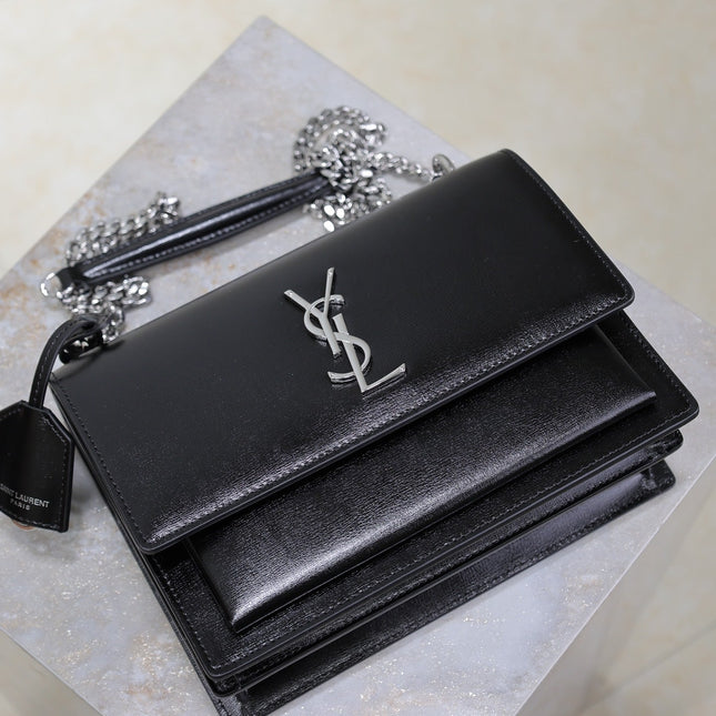 YSL 25S SUNSET BAG 22 IN BLACK CALFSKIN SILVER HARDWRE