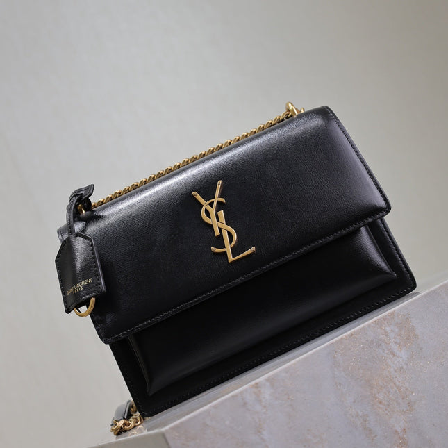 YSL 25S SUNSET BAG 22 IN BLACK CALFSKIN GOLD HARDWRE