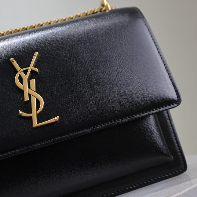 YSL 25S SUNSET BAG 22 IN BLACK CALFSKIN GOLD HARDWRE