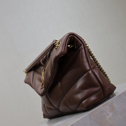 YSL 25S LOULOU PUFFER MM 29 IN DARK BROWN CALFSKIN GOLD HARDWRE