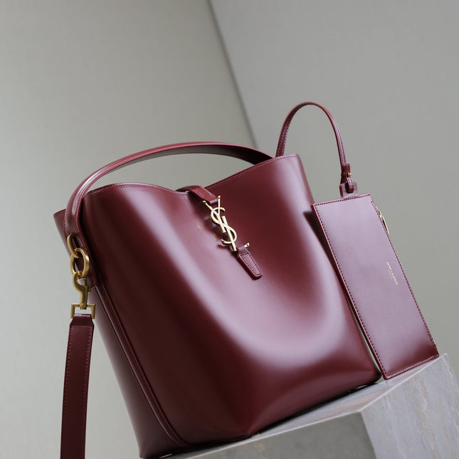 YSL 25S LE 5 À 7 BUCKET 26 IN DARK BURGUNDY CALFSKIN GOLD HARDWRE