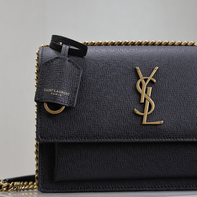 YSL 25S SUNSET MEDIUM 22 IN BLACK GRAINED CALFSKIN GOLD HARDWRE