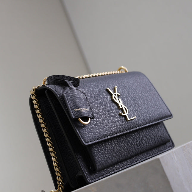YSL 25S SUNSET MEDIUM 22 IN BLACK GRAINED CALFSKIN GOLD HARDWRE