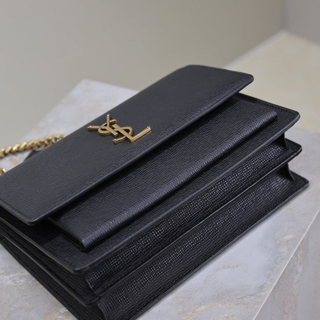 YSL 25S SUNSET MEDIUM 22 IN BLACK GRAINED CALFSKIN GOLD HARDWRE