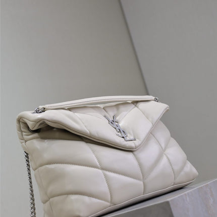 YSL 25S LOULOU PUFFER GM 35 IN SMOKEY TAUPE CALFSKIN SILVER HARDWRE