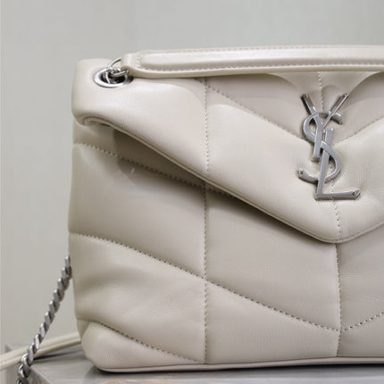 YSL 25S LOULOU PUFFER MM 29 IN SMOKEY TAUPE CALFSKIN SILVER HARDWRE