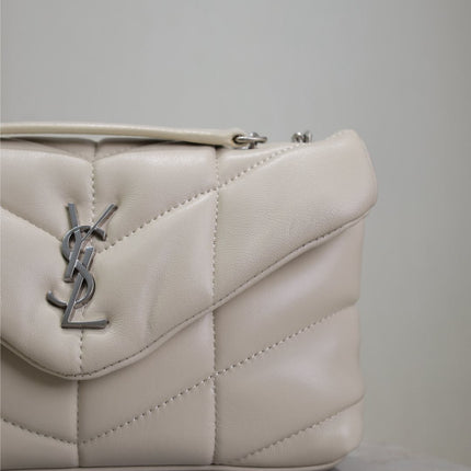 YSL 25S LOULOU PUFFER MINI 23 IN SMOKEY TAUPE CALFSKIN SILVER HARDWRE