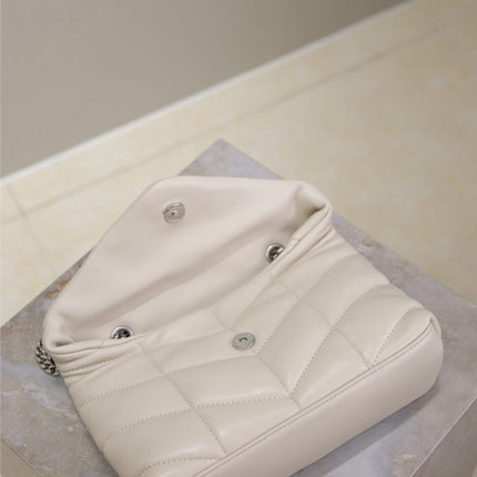 YSL 25S LOULOU PUFFER MINI 23 IN SMOKEY TAUPE CALFSKIN SILVER HARDWRE