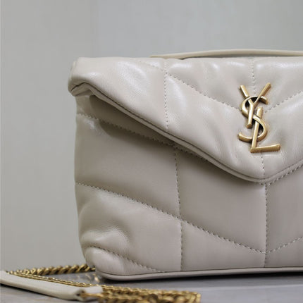 YSL 25S LOULOU PUFFER MINI 23 IN BLANC VINTAGE CALFSKIN GOLD HARDWRE