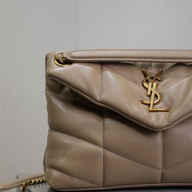 YSL 25S LOULOU PUFFER MM 29 IN BROWN CALFSKIN GOLD HARDWRE