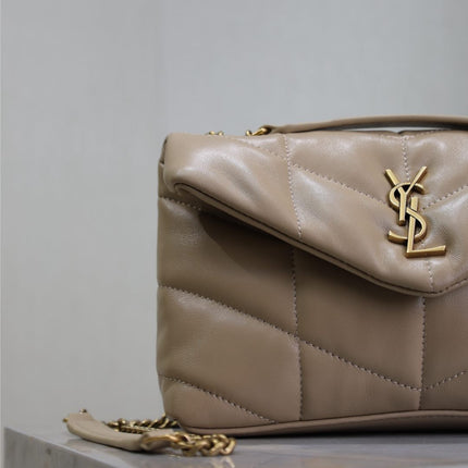 YSL 25S LOULOU PUFFER MINI 23 IN BROWN CALFSKIN GOLD HARDWRE