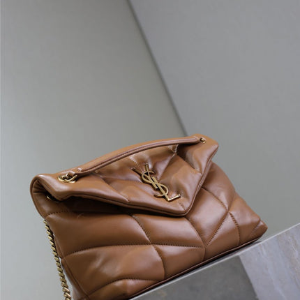 YSL 25S LOULOU PUFFER MM 29 IN CARAMEL CALFSKIN GOLD HARDWRE