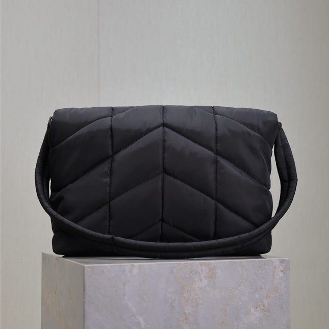 YSL 25S LOULOU PUFFER BAG 34 IN BLACK NYLON SILVER HARDWRE