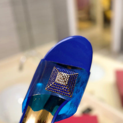 HIGH MULE 60MM IN COBALT BLUE SHEEPSKIN AND TRANSPARENT PVC