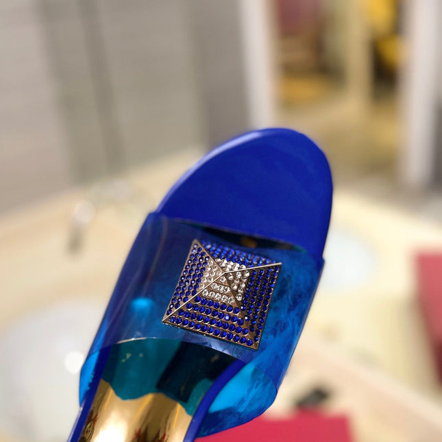 HIGH MULE 60MM IN COBALT BLUE SHEEPSKIN AND TRANSPARENT PVC