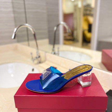 HIGH MULE 60MM IN COBALT BLUE SHEEPSKIN AND TRANSPARENT PVC