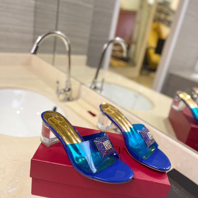 HIGH MULE 60MM IN COBALT BLUE SHEEPSKIN AND TRANSPARENT PVC