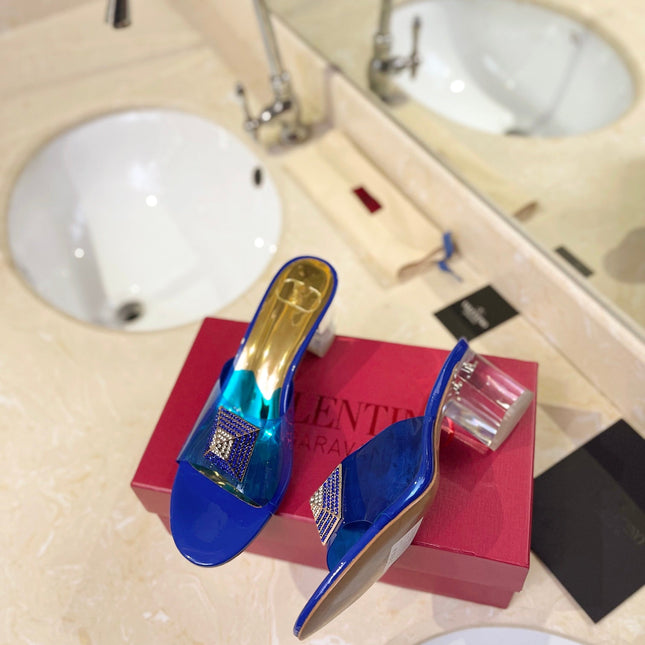 HIGH MULE 60MM IN COBALT BLUE SHEEPSKIN AND TRANSPARENT PVC