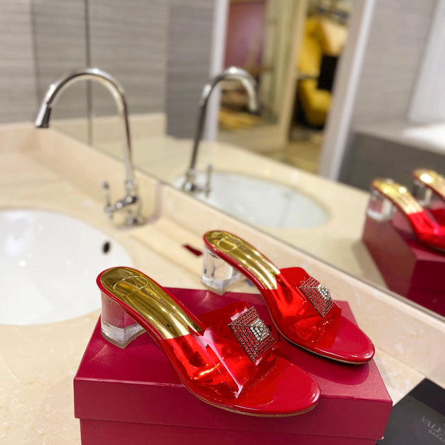 HIGH MULE 60MM IN CHERRY RED SHEEPSKIN AND TRANSPARENT PVC