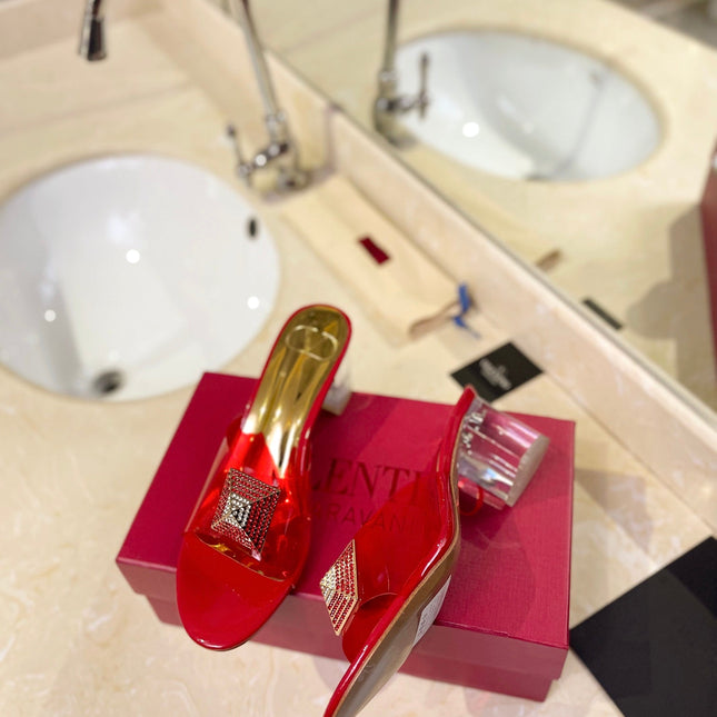 HIGH MULE 60MM IN CHERRY RED SHEEPSKIN AND TRANSPARENT PVC
