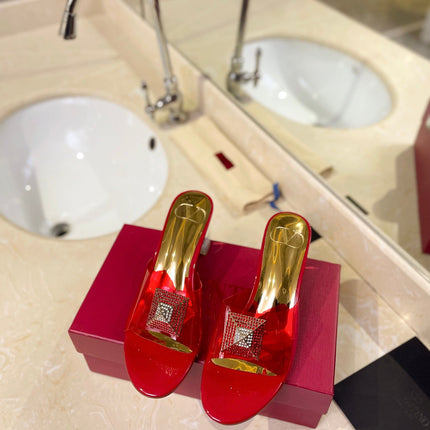 HIGH MULE 60MM IN CHERRY RED SHEEPSKIN AND TRANSPARENT PVC