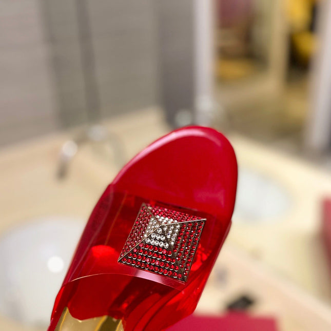 HIGH MULE 60MM IN CHERRY RED SHEEPSKIN AND TRANSPARENT PVC