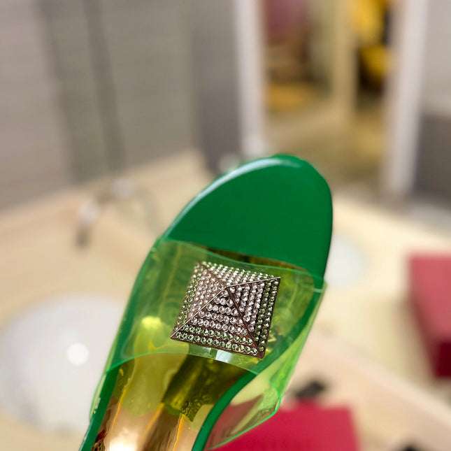 HIGH MULE 60MM IN SHAMROCK GREEN SHEEPSKIN AND TRANSPARENT PVC