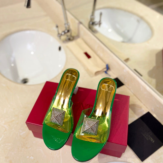 HIGH MULE 60MM IN SHAMROCK GREEN SHEEPSKIN AND TRANSPARENT PVC