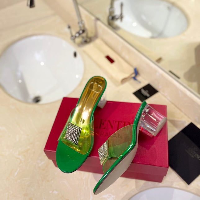 HIGH MULE 60MM IN SHAMROCK GREEN SHEEPSKIN AND TRANSPARENT PVC