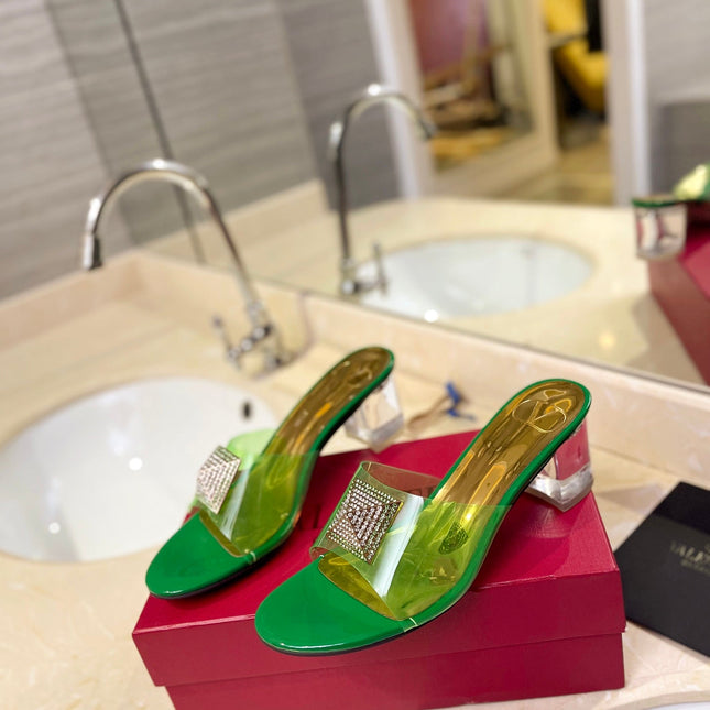 HIGH MULE 60MM IN SHAMROCK GREEN SHEEPSKIN AND TRANSPARENT PVC