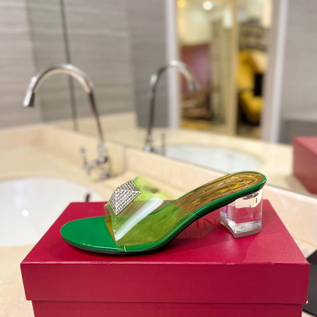HIGH MULE 60MM IN SHAMROCK GREEN SHEEPSKIN AND TRANSPARENT PVC