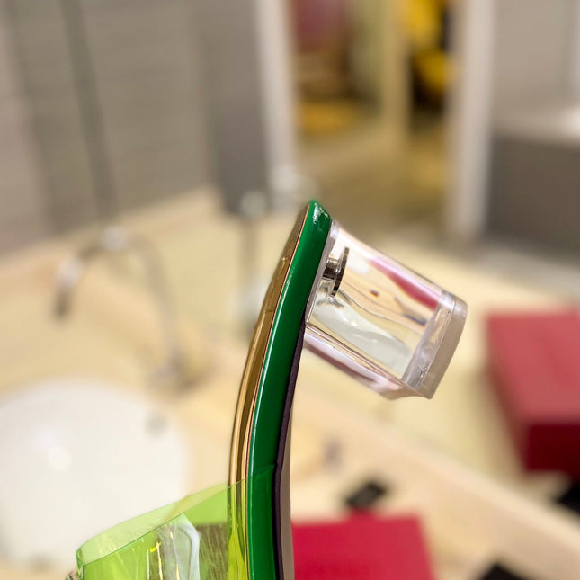HIGH MULE 60MM IN SHAMROCK GREEN SHEEPSKIN AND TRANSPARENT PVC