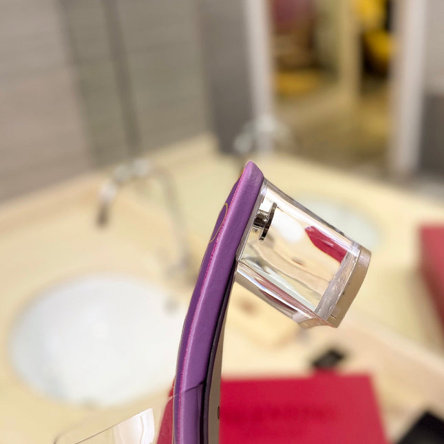 HIGH MULE 60MM IN MAUVE PURPLE SHEEPSKIN AND TRANSPARENT PVC