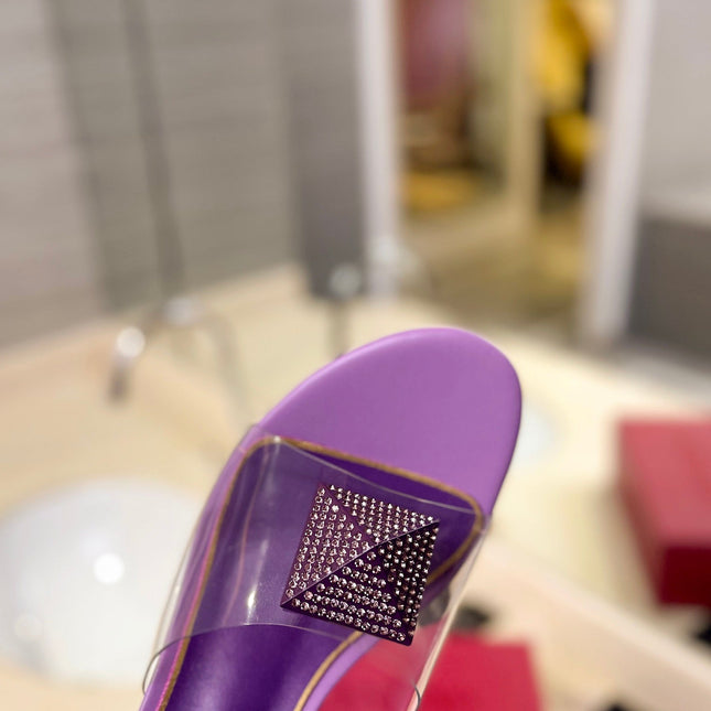 HIGH MULE 60MM IN MAUVE PURPLE SHEEPSKIN AND TRANSPARENT PVC