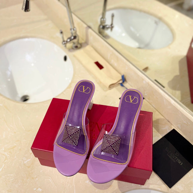 HIGH MULE 60MM IN MAUVE PURPLE SHEEPSKIN AND TRANSPARENT PVC